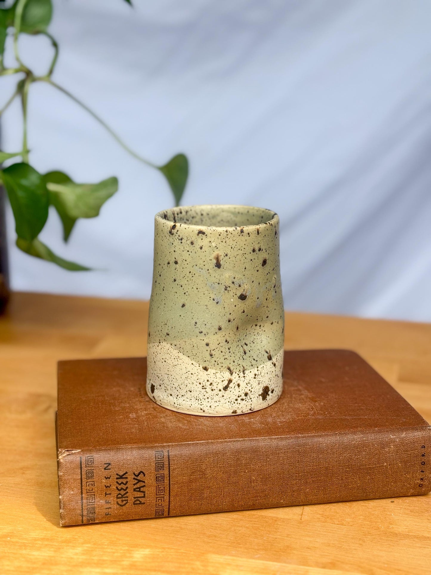 Handmade Speckled Stoneware Tumbler – Minimalist Green & White Ceramic Cup | Wabi-Sabi Inspired Pottery