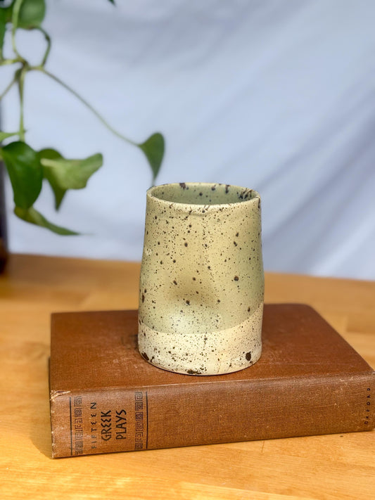 Handmade Speckled Stoneware Tumbler – Minimalist Green & White Ceramic Cup | Wabi-Sabi Inspired Pottery