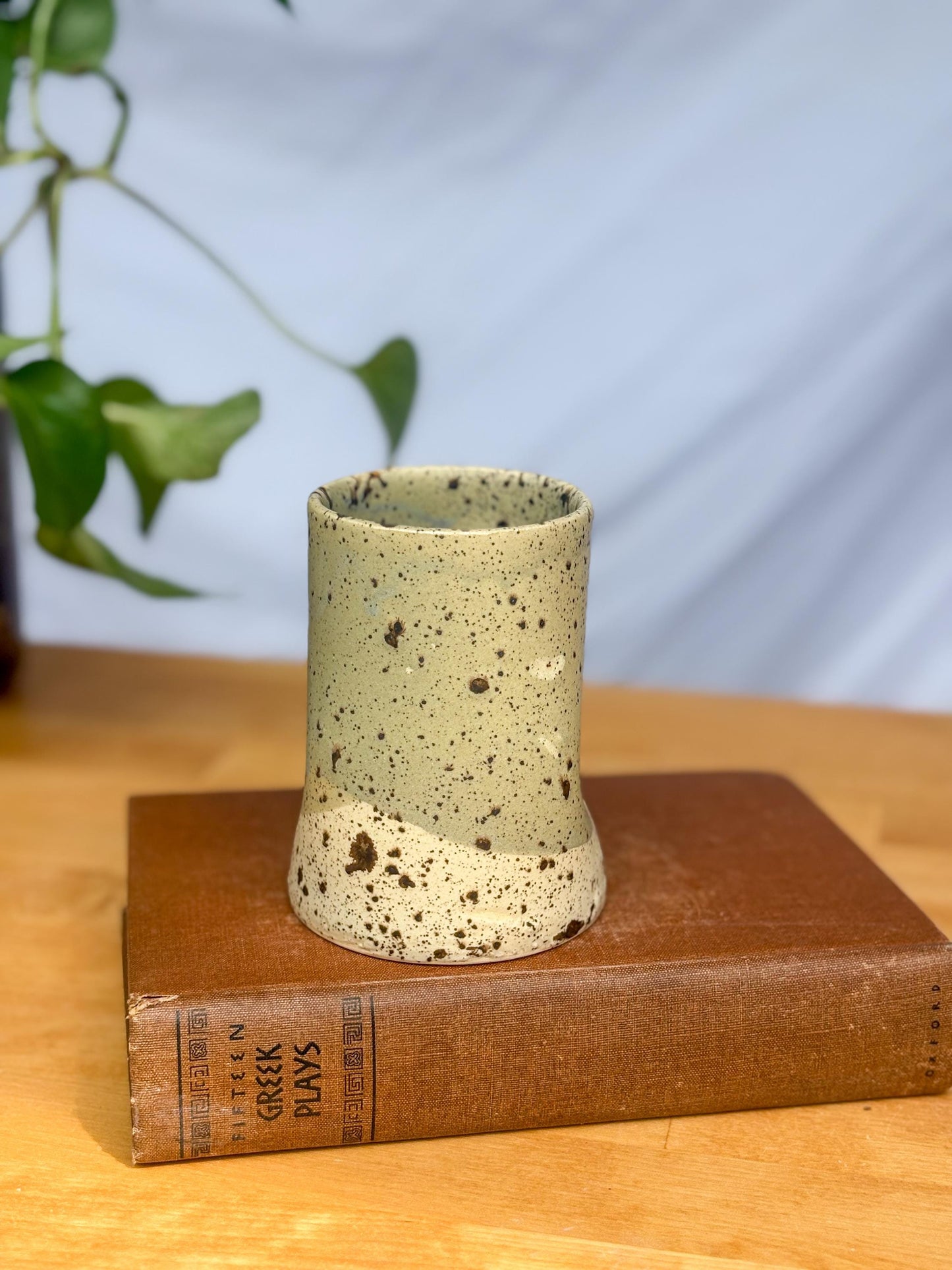 Handmade Speckled Stoneware Tumbler – Minimalist Green & White Ceramic Cup | Wabi-Sabi Inspired Pottery