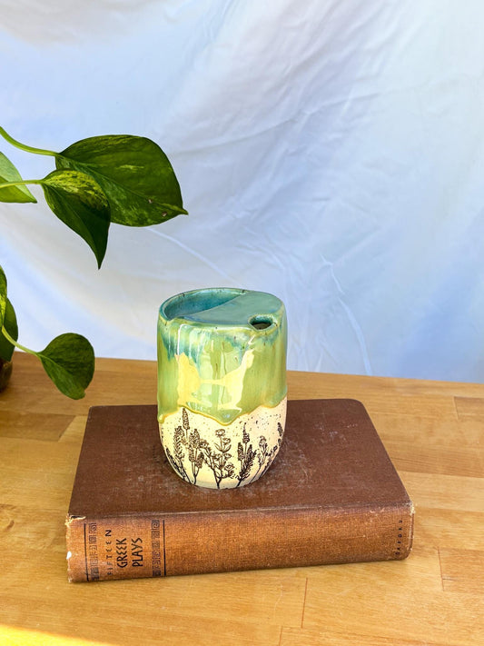 Green Wildflower Meadow Travel Mug | Handmade Ceramic Tumbler with Lid | Nature-Inspired Pottery | Wheel-Thrown Mug