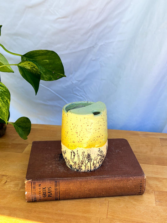 Yellow Wildflower Meadow Travel Mug | Handmade Ceramic Tumbler with Lid | Nature-Inspired Pottery | Wheel-Thrown Mug