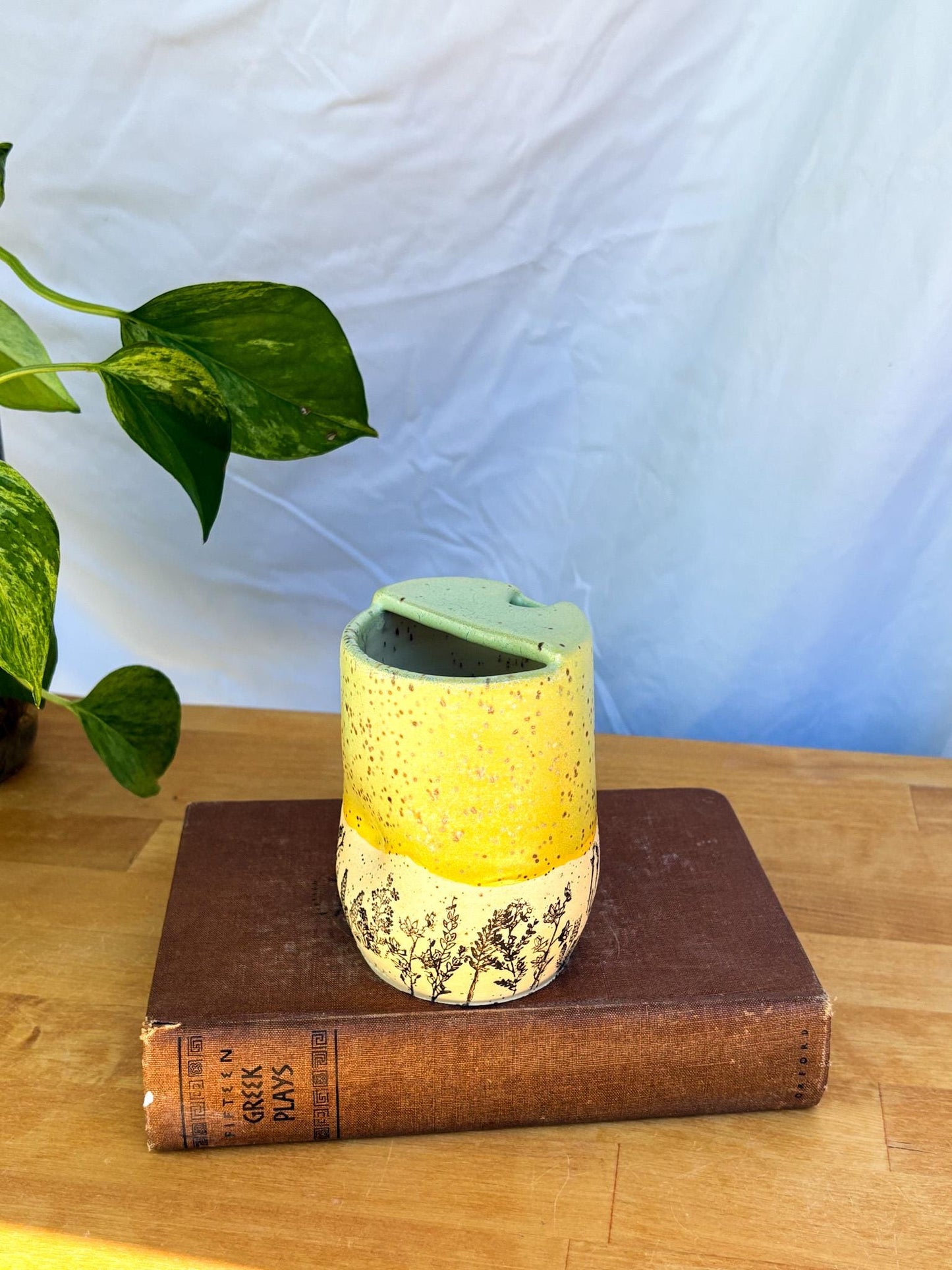 Yellow Wildflower Meadow Travel Mug | Handmade Ceramic Tumbler with Lid | Nature-Inspired Pottery | Wheel-Thrown Mug