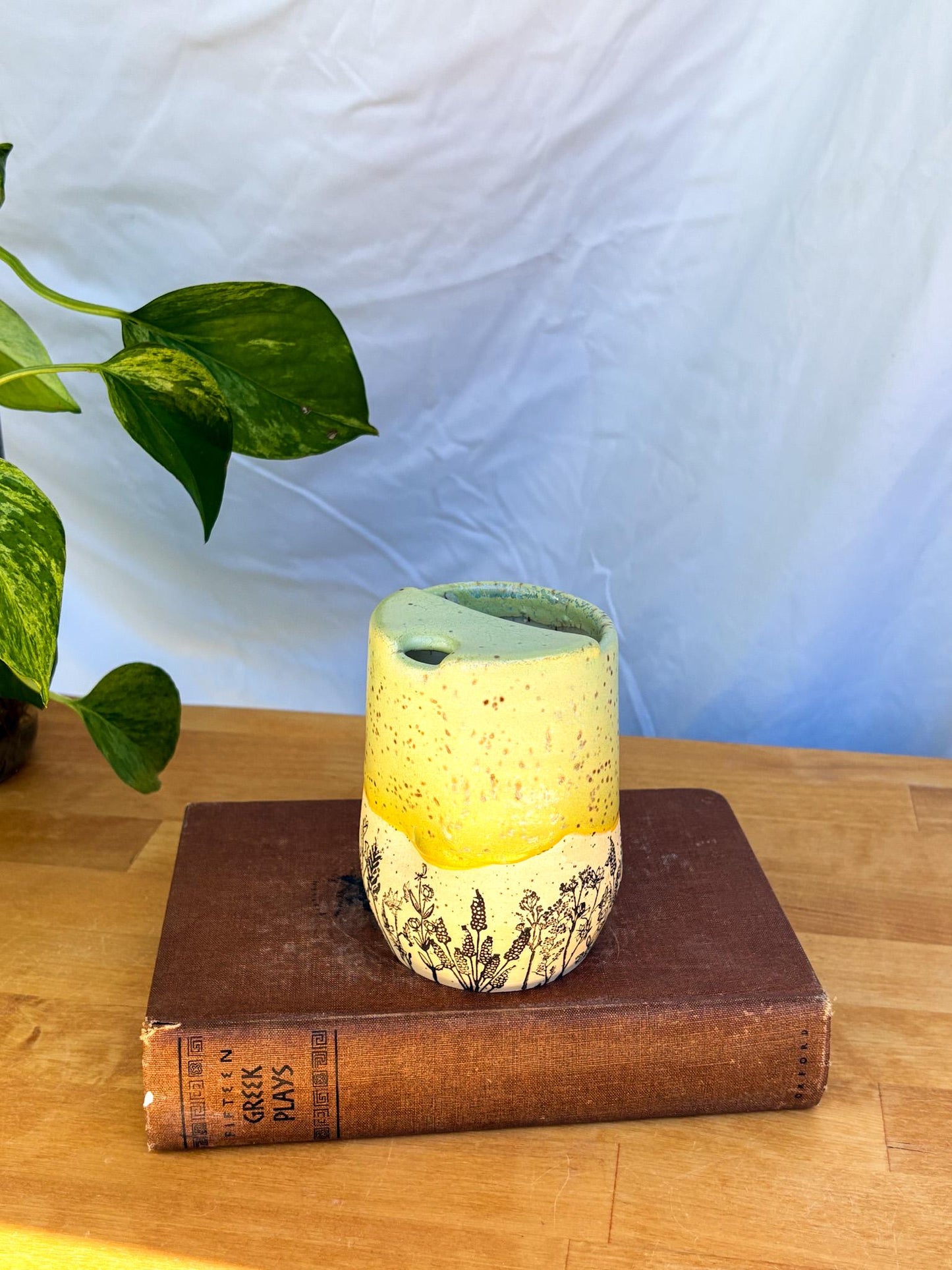 Yellow Wildflower Meadow Travel Mug | Handmade Ceramic Tumbler with Lid | Nature-Inspired Pottery | Wheel-Thrown Mug