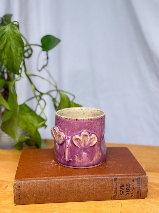 Whimsical Floral Face Mug – Handmade Purple Ceramic Cup with Sculpted Petal Eyes & Nose – Unique Pottery Gift