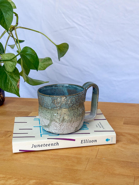 Handmade Water-Etched Ceramic Mug – Botanical Texture | Rustic Blue & Sage Pottery Cup