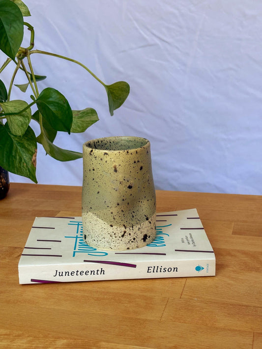 Handmade Speckled Stoneware Tumbler – Minimalist Green & White Ceramic Cup | Wabi-Sabi Inspired Pottery