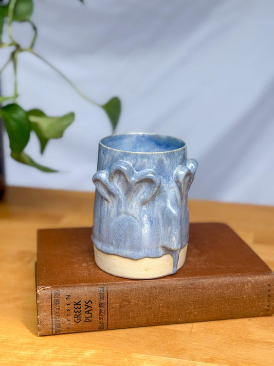 Whimsical Floral Face Mug – Handmade Ceramic Cup with Sculpted Face