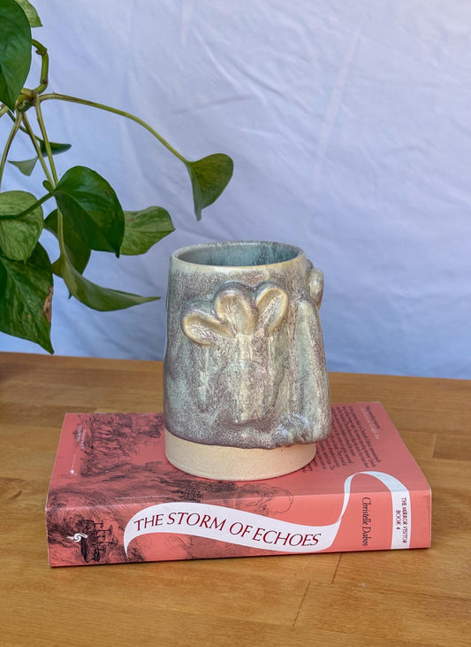 Whimsical Floral Face Mug – Handmade Ceramic Cup with Sculpted Face