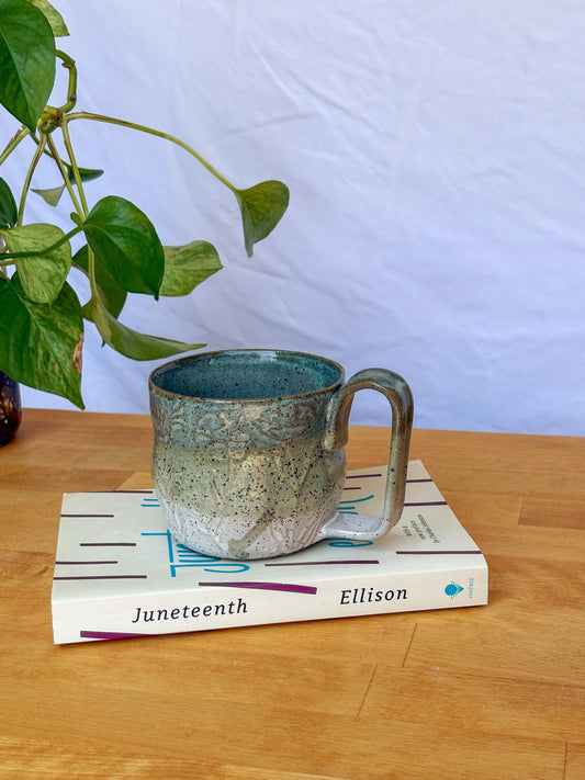 Handmade Water-Etched Ceramic Mug – Botanical Texture | Rustic Blue & Sage Pottery Cup