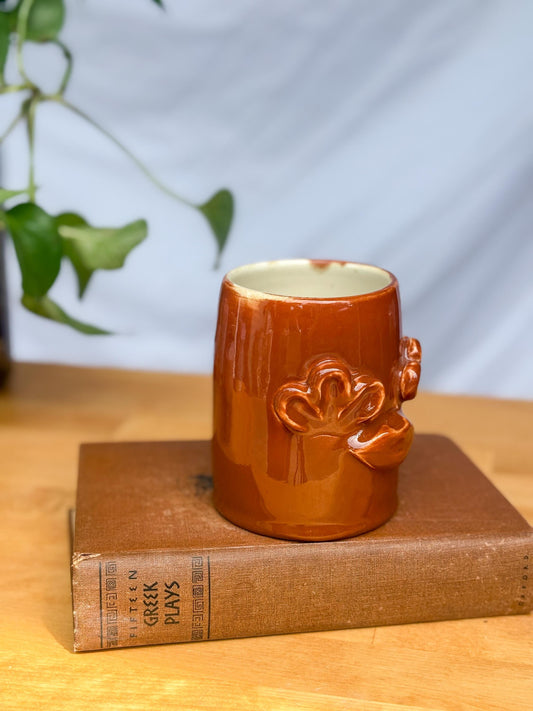 Whimsical Floral Lips Mug – Handmade Ceramic Cup with Sculpted Face