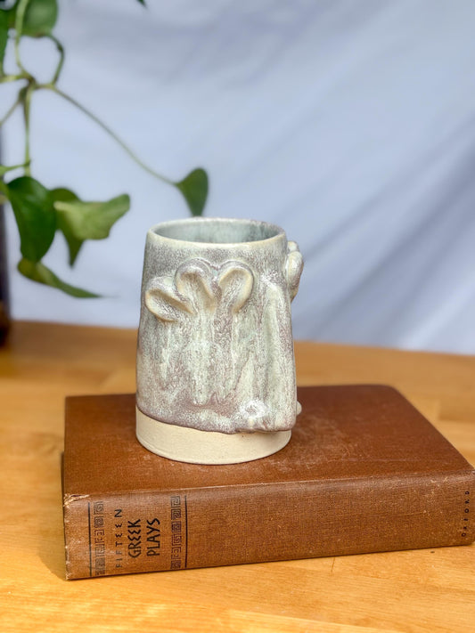 Whimsical Floral Face Mug – Handmade Ceramic Cup with Sculpted Face