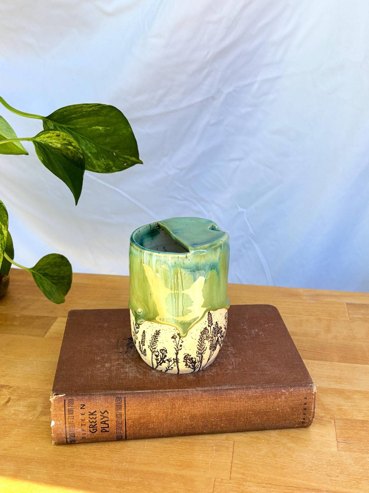 Green Wildflower Meadow Travel Mug | Handmade Ceramic Tumbler with Lid | Nature-Inspired Pottery | Wheel-Thrown Mug