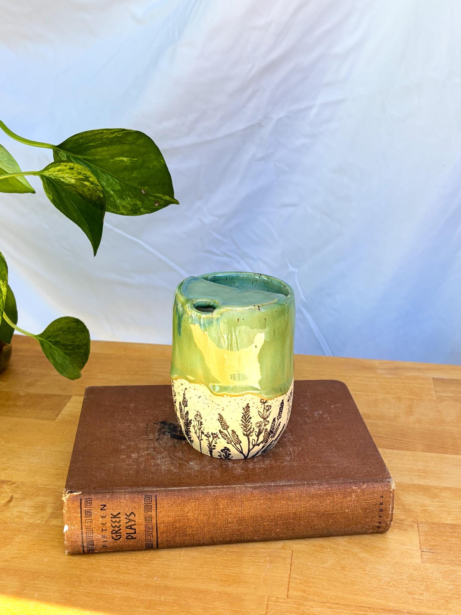Green Wildflower Meadow Travel Mug | Handmade Ceramic Tumbler with Lid | Nature-Inspired Pottery | Wheel-Thrown Mug