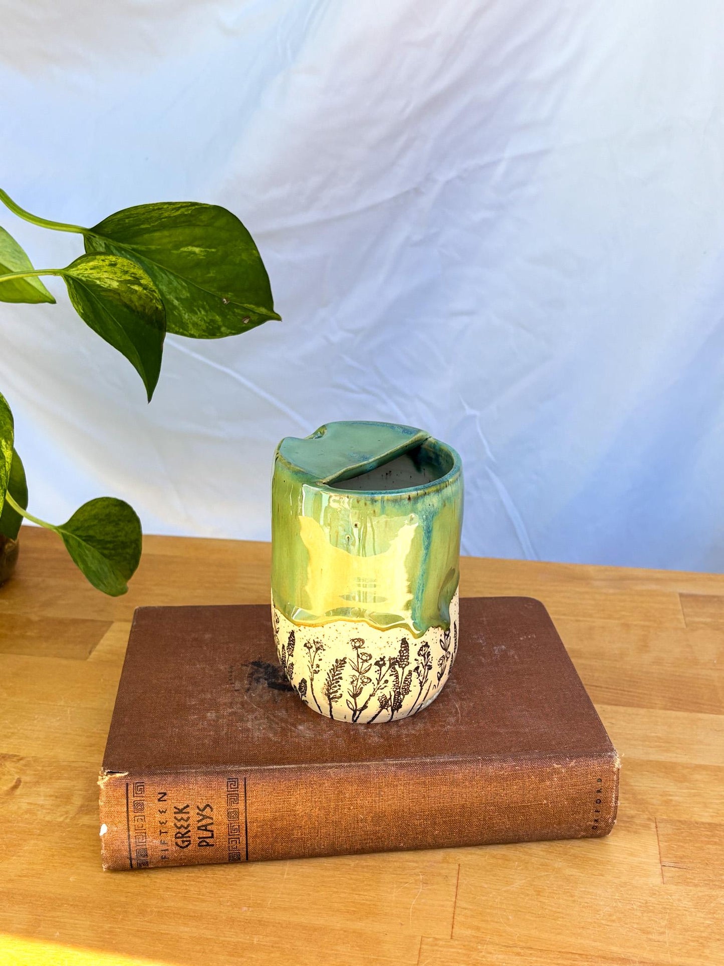 Green Wildflower Meadow Travel Mug | Handmade Ceramic Tumbler with Lid | Nature-Inspired Pottery | Wheel-Thrown Mug