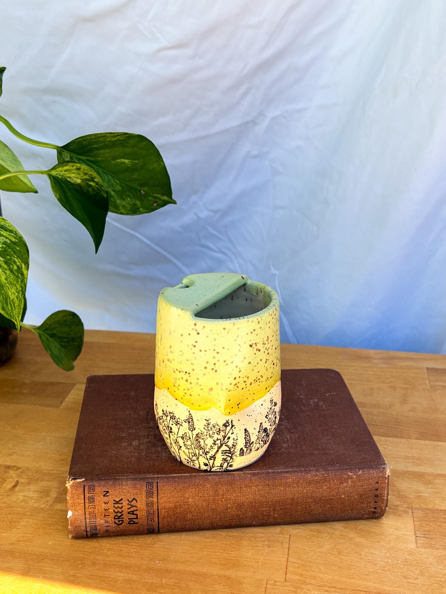 Yellow Wildflower Meadow Travel Mug | Handmade Ceramic Tumbler with Lid | Nature-Inspired Pottery | Wheel-Thrown Mug