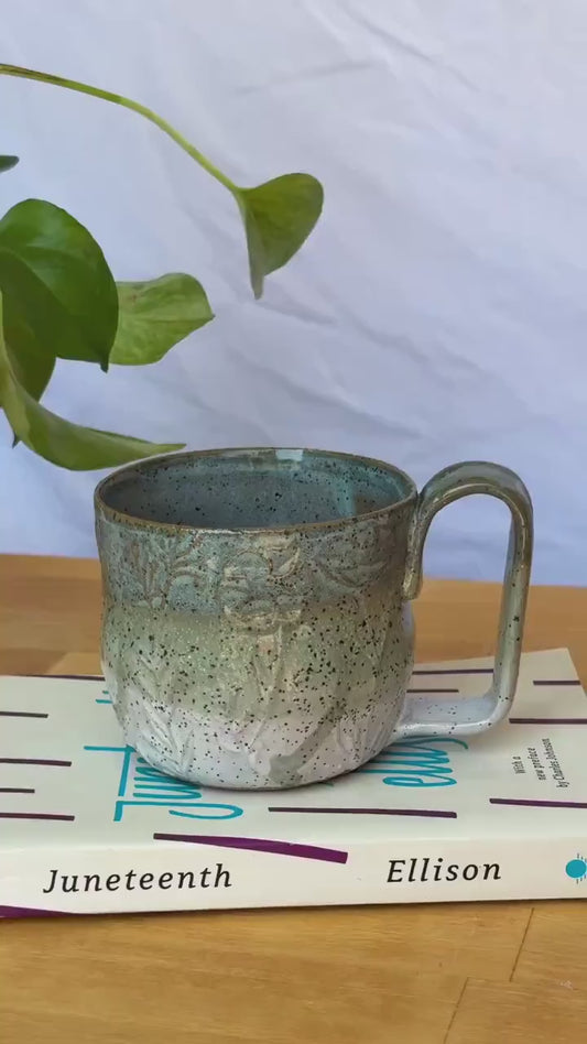 Handmade Water-Etched Ceramic Mug – Botanical Texture | Rustic Blue & Sage Pottery Cup