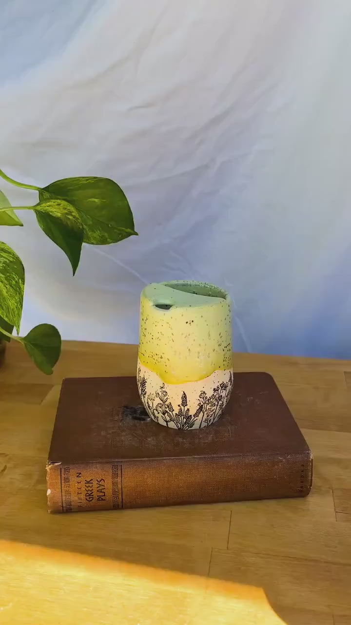 Yellow Wildflower Meadow Travel Mug | Handmade Ceramic Tumbler with Lid | Nature-Inspired Pottery | Wheel-Thrown Mug