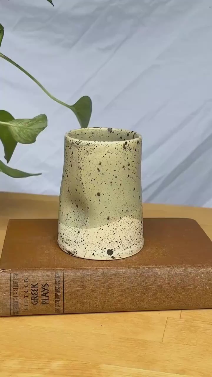 Handmade Speckled Stoneware Tumbler | Minimalist Green & White Ceramic Cup | Wabi-Sabi Inspired Pottery