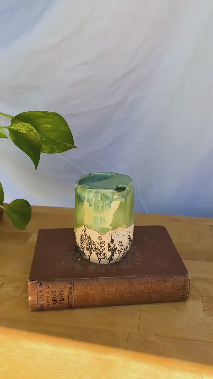Green Wildflower Meadow Travel Mug | Handmade Ceramic Tumbler with Lid | Nature-Inspired Pottery | Wheel-Thrown Mug